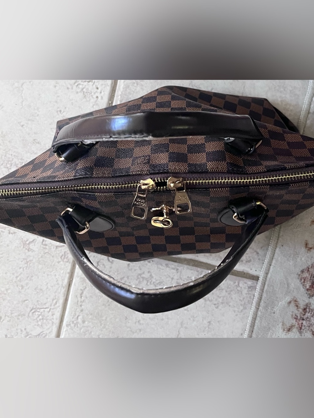 Brown checkered Zip top design inspired satchel . - Picture 2 of 11